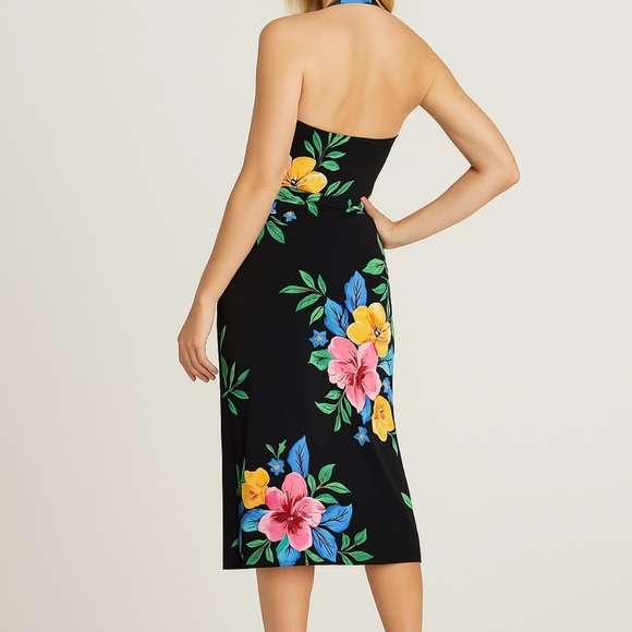 Lauren Ralph Lauren Floral Halter Midi Dress Wedding Guest Black Size 14 - Picture 2 of 5